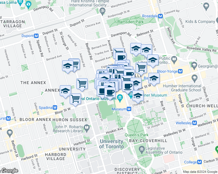 map of restaurants, bars, coffee shops, grocery stores, and more near 23 Prince Arthur Avenue in Toronto