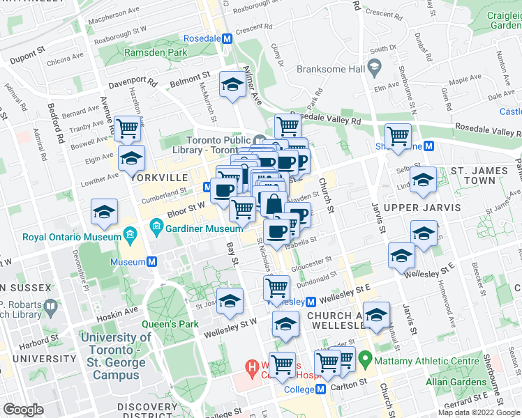 map of restaurants, bars, coffee shops, grocery stores, and more near 4 Charles Street East in Toronto