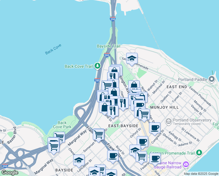 map of restaurants, bars, coffee shops, grocery stores, and more near 89 Cove Street in Portland