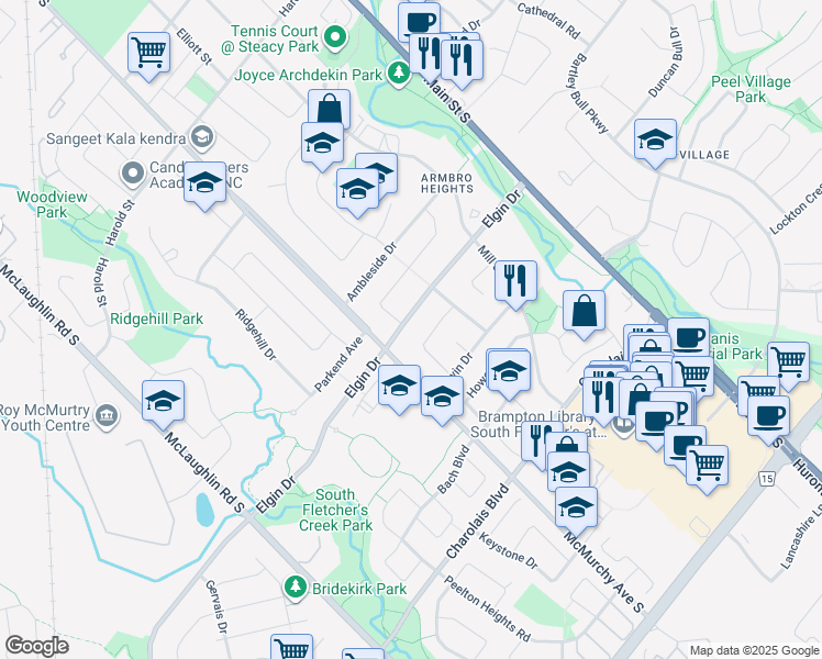 map of restaurants, bars, coffee shops, grocery stores, and more near 14 Governor Grove Crescent in Brampton