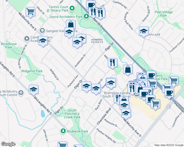 map of restaurants, bars, coffee shops, grocery stores, and more near 14 Governor Grove Crescent in Brampton