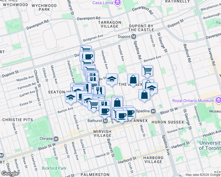 map of restaurants, bars, coffee shops, grocery stores, and more near 120 Howland Avenue in Toronto