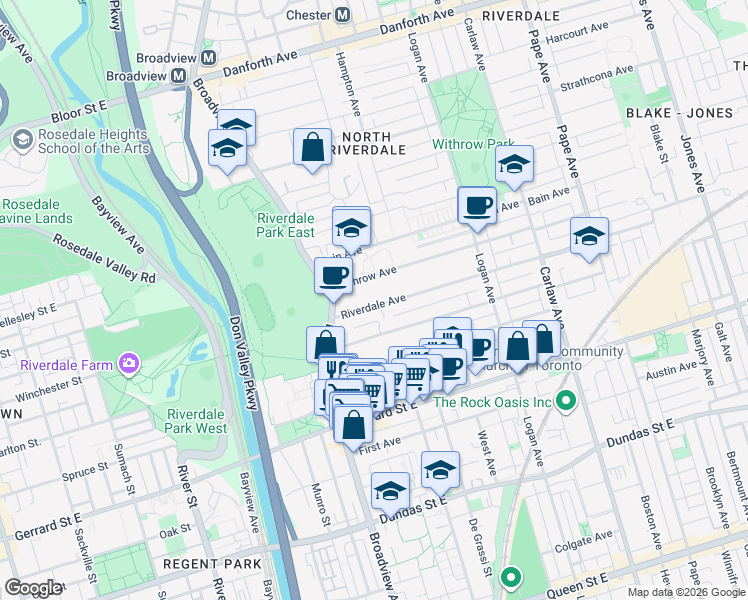 map of restaurants, bars, coffee shops, grocery stores, and more near 44 Riverdale Avenue in Toronto