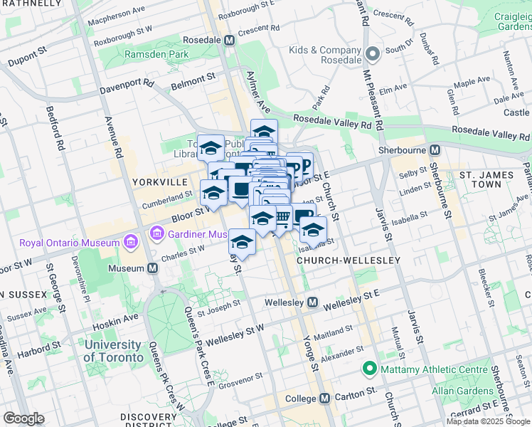 map of restaurants, bars, coffee shops, grocery stores, and more near 4 Charles Street East in Toronto