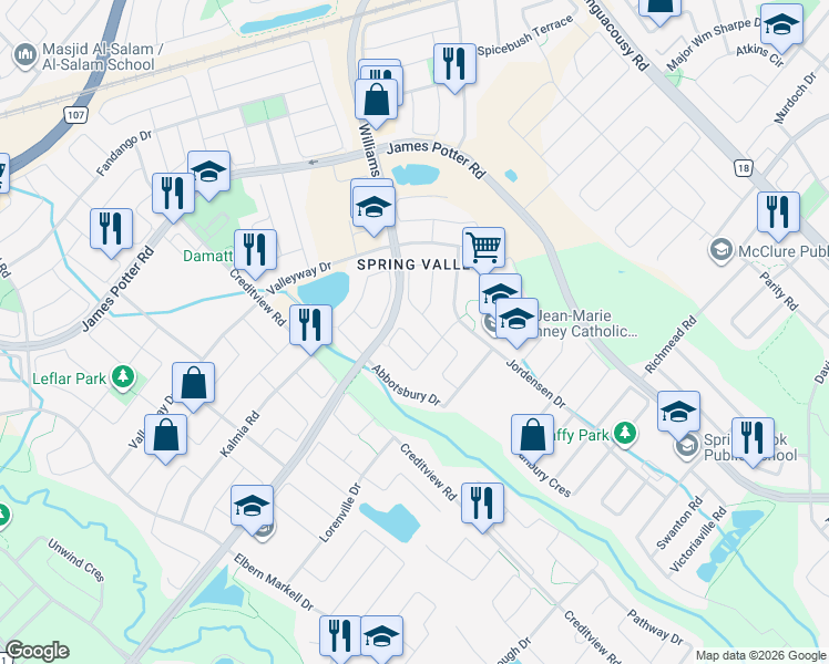 map of restaurants, bars, coffee shops, grocery stores, and more near 94 Flurry Circle in Brampton