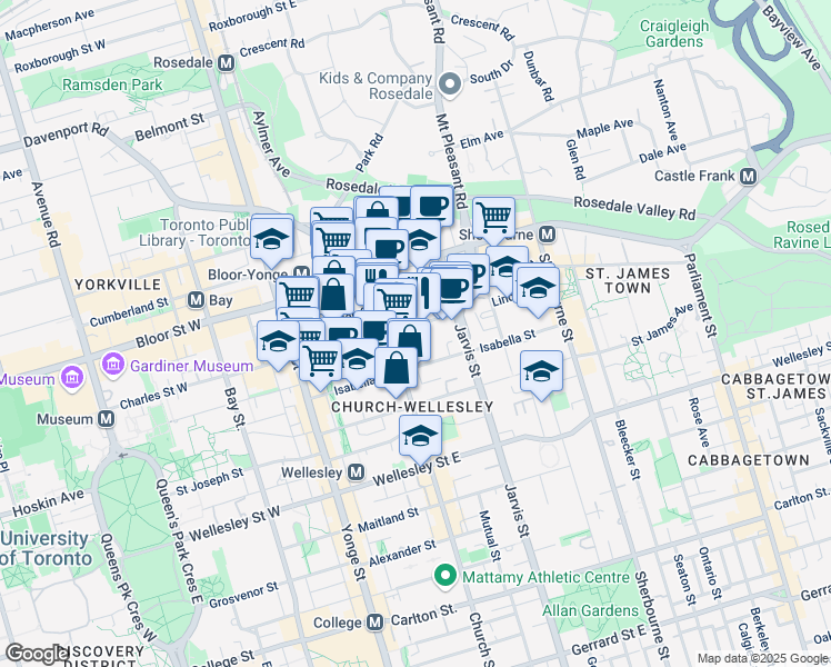 map of restaurants, bars, coffee shops, grocery stores, and more near 81 Charles Street East in Toronto