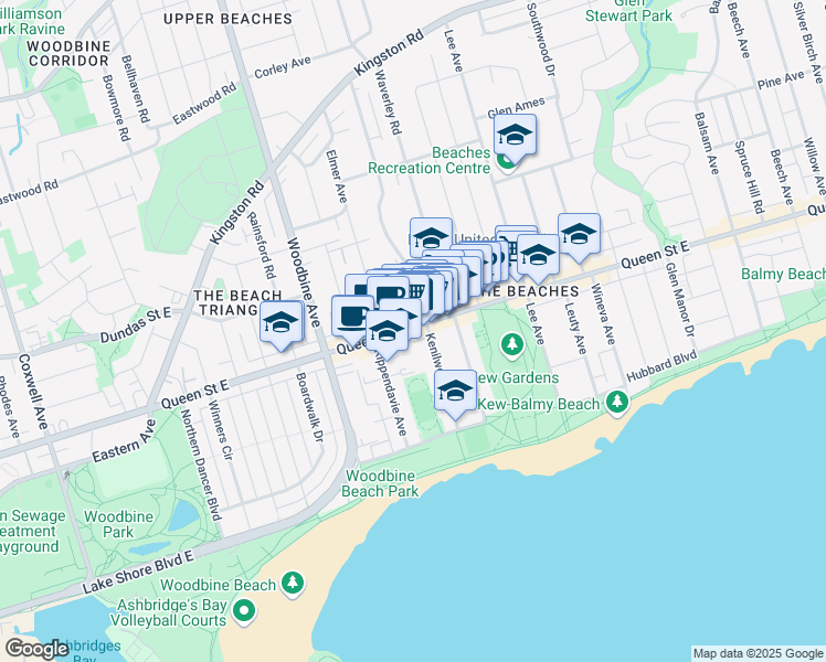 map of restaurants, bars, coffee shops, grocery stores, and more near 1951 Queen Street East in Toronto