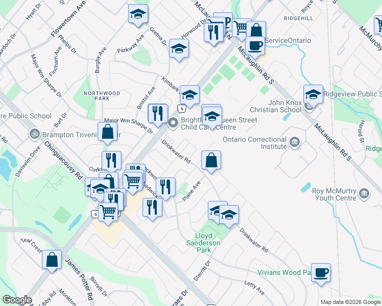 map of restaurants, bars, coffee shops, grocery stores, and more near 13 Colonel Frank Ching Crescent in Brampton