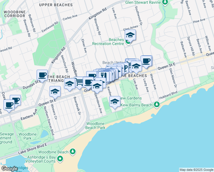 map of restaurants, bars, coffee shops, grocery stores, and more near 1961 Queen Street East in Toronto