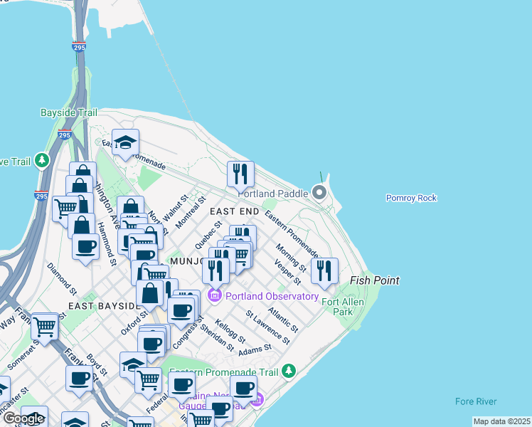 map of restaurants, bars, coffee shops, grocery stores, and more near 216 Eastern Promenade in Portland