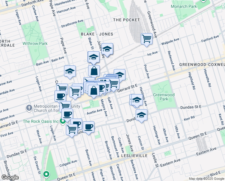 map of restaurants, bars, coffee shops, grocery stores, and more near 230 Jones Avenue in Toronto