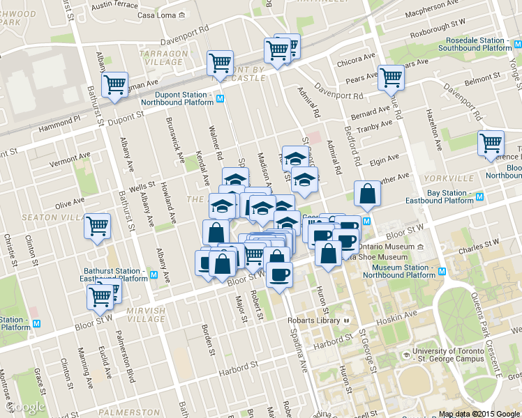 map of restaurants, bars, coffee shops, grocery stores, and more near in Toronto