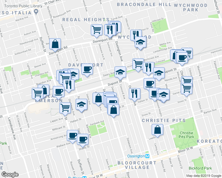 map of restaurants, bars, coffee shops, grocery stores, and more near in Toronto