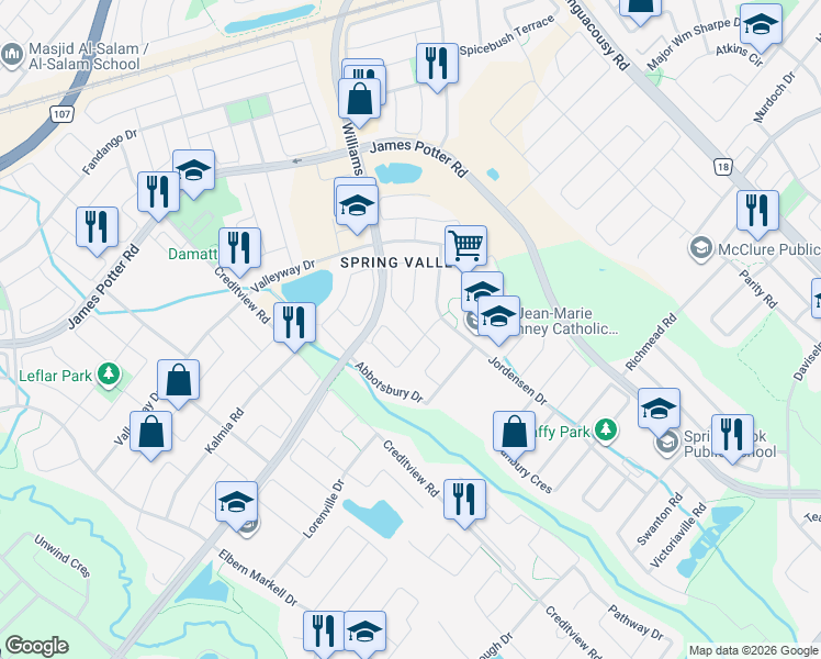 map of restaurants, bars, coffee shops, grocery stores, and more near 94 Flurry Circle in Brampton