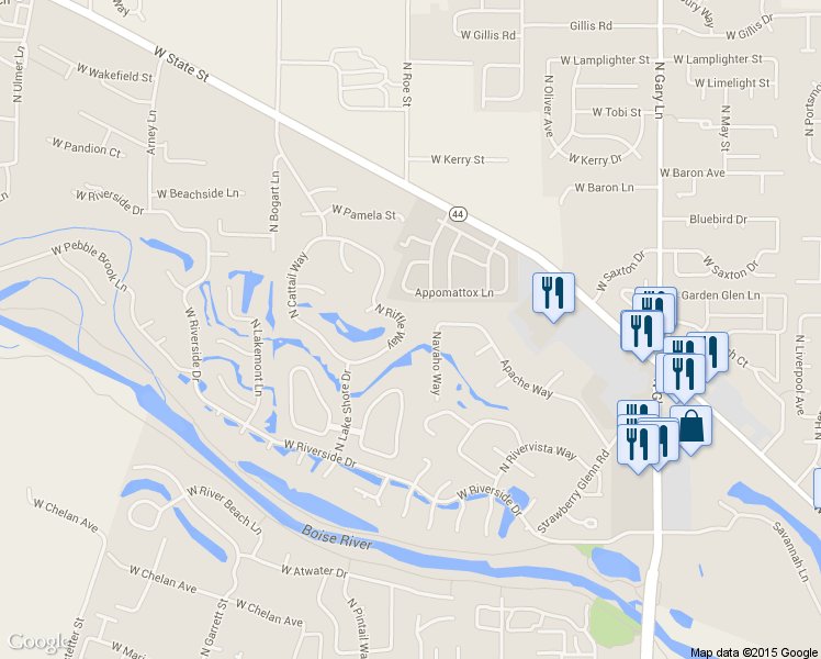 map of restaurants, bars, coffee shops, grocery stores, and more near 5400 North Riffle Way in Garden City