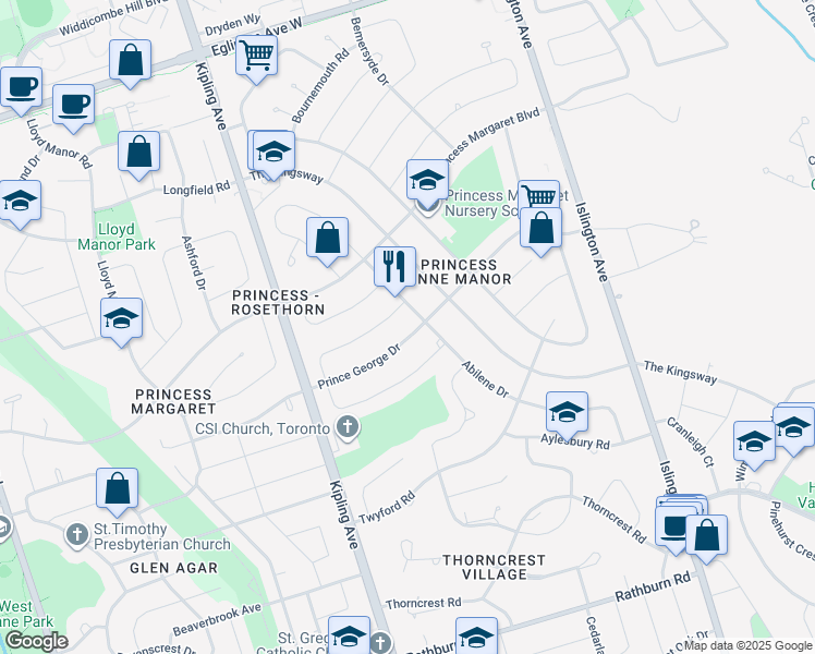 map of restaurants, bars, coffee shops, grocery stores, and more near 50 Prince George Drive in Toronto