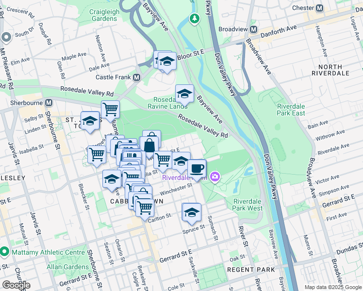 map of restaurants, bars, coffee shops, grocery stores, and more near 428 Wellesley Street East in Toronto