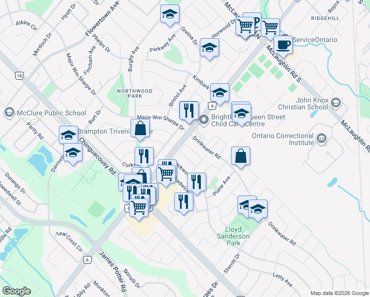 map of restaurants, bars, coffee shops, grocery stores, and more near 27 Seafair Cresent in Brampton