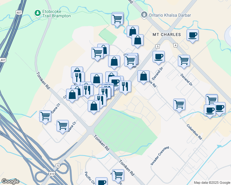 map of restaurants, bars, coffee shops, grocery stores, and more near 1165 Derry Road East in Mississauga