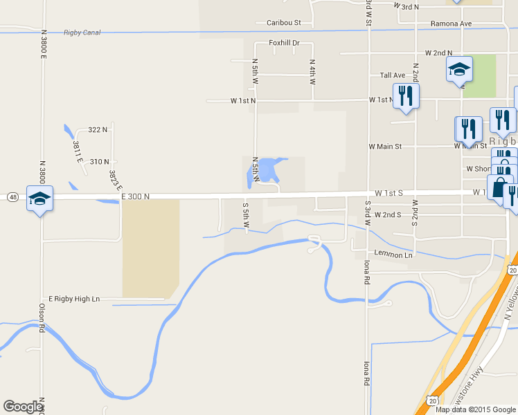 map of restaurants, bars, coffee shops, grocery stores, and more near 3855 E 285 N in Rigby