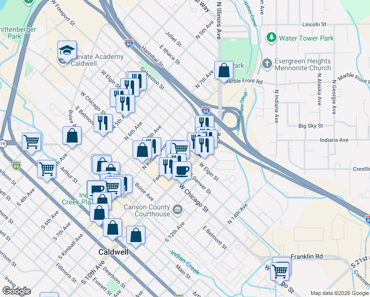 map of restaurants, bars, coffee shops, grocery stores, and more near 901 E Elgin St in Caldwell