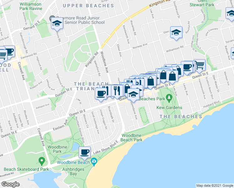 map of restaurants, bars, coffee shops, grocery stores, and more near 223 Woodbine Avenue in Toronto