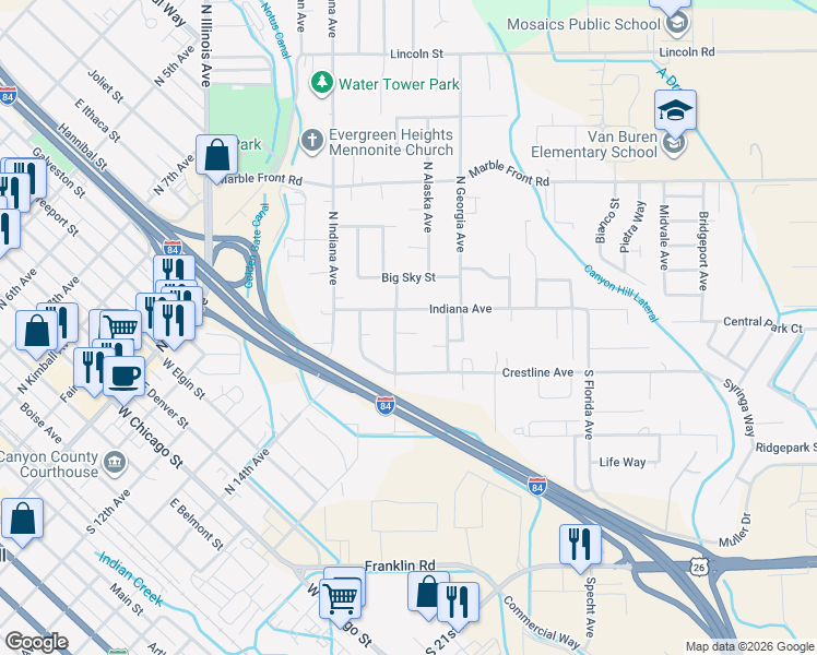 map of restaurants, bars, coffee shops, grocery stores, and more near 2315 Carter Court in Caldwell