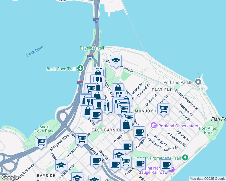 map of restaurants, bars, coffee shops, grocery stores, and more near 165 Washington Avenue in Portland