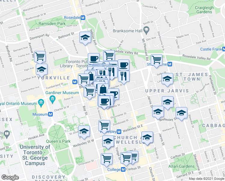 map of restaurants, bars, coffee shops, grocery stores, and more near 35 Hayden Street in Toronto