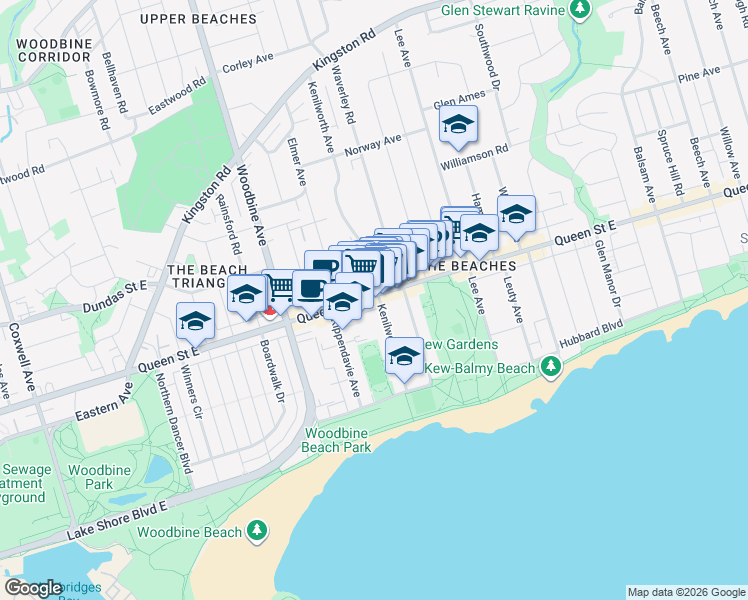 map of restaurants, bars, coffee shops, grocery stores, and more near 1959 Queen Street East in Toronto