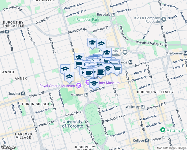 map of restaurants, bars, coffee shops, grocery stores, and more near 110 Bloor Street West in Toronto