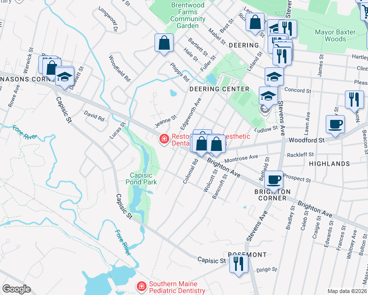 map of restaurants, bars, coffee shops, grocery stores, and more near Brighton Avenue in Portland