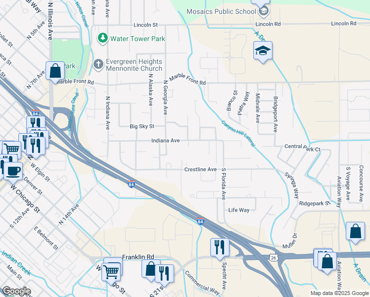 map of restaurants, bars, coffee shops, grocery stores, and more near 2600 Hillcrest Lane in Caldwell
