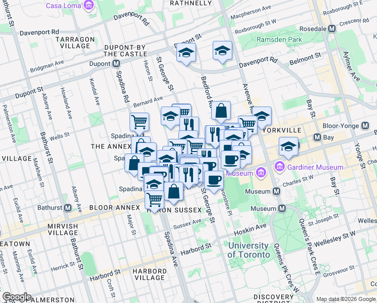 map of restaurants, bars, coffee shops, grocery stores, and more near 190 Saint George Street in Toronto