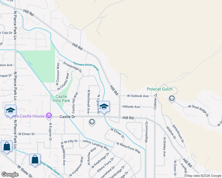 map of restaurants, bars, coffee shops, grocery stores, and more near 5327 West Hill Road in Boise