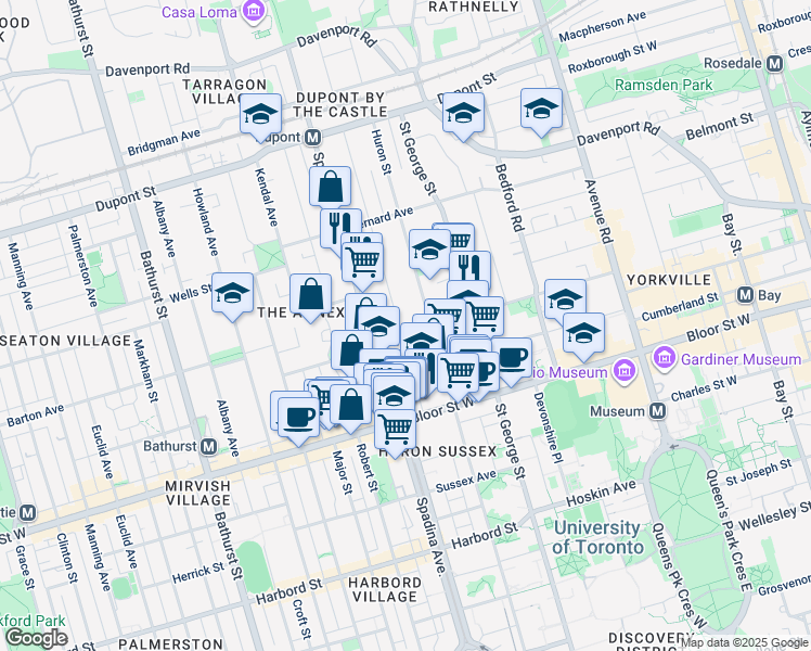 map of restaurants, bars, coffee shops, grocery stores, and more near 47 Madison Avenue in Toronto