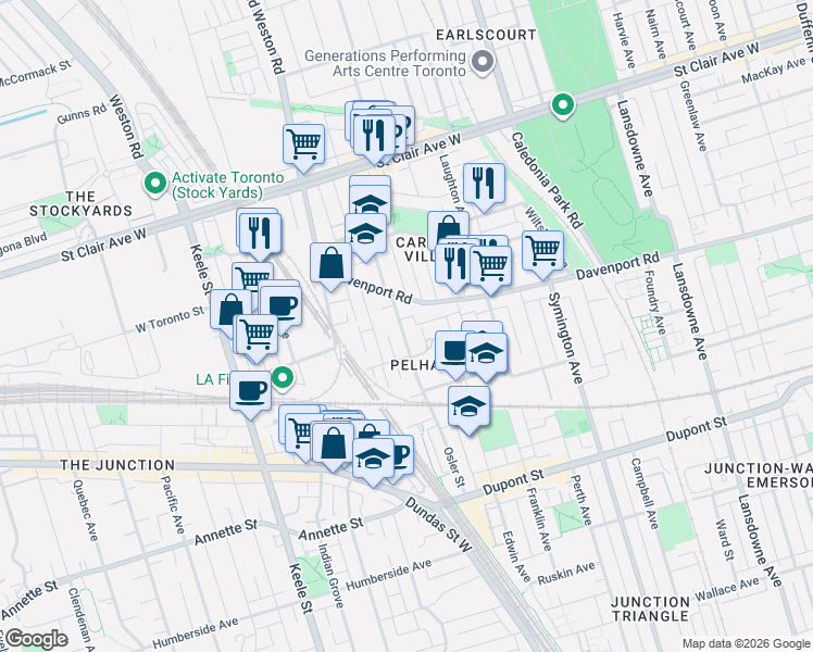 map of restaurants, bars, coffee shops, grocery stores, and more near 213 Osler Street in Toronto