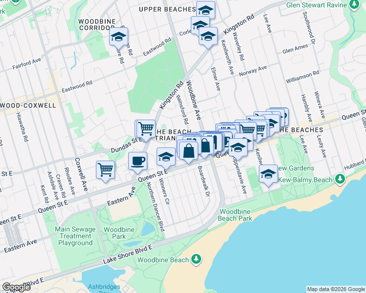 map of restaurants, bars, coffee shops, grocery stores, and more near 29 Brookmount Road in Toronto