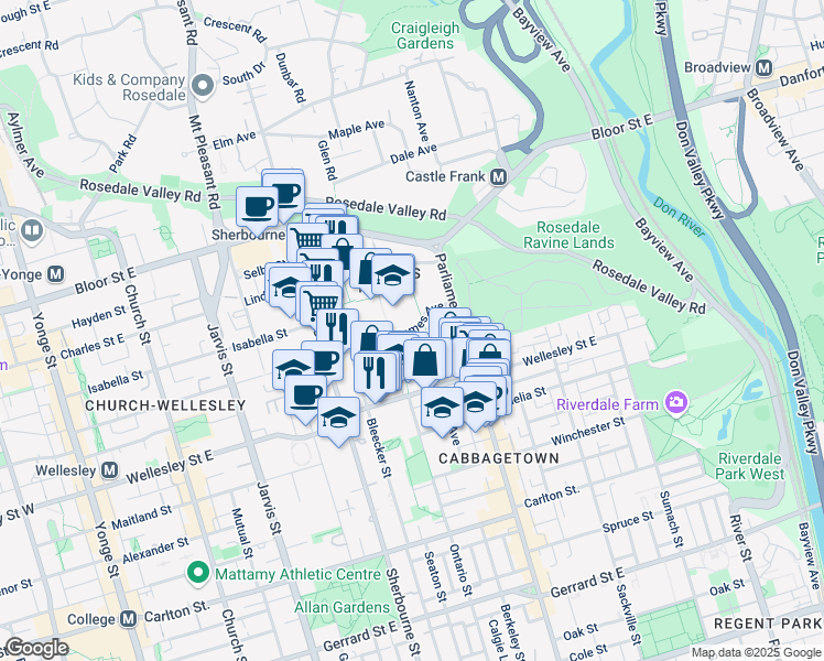 map of restaurants, bars, coffee shops, grocery stores, and more near 25 Saint James Avenue in Toronto