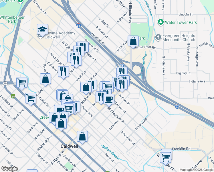 map of restaurants, bars, coffee shops, grocery stores, and more near 818 East Elgin Street in Caldwell