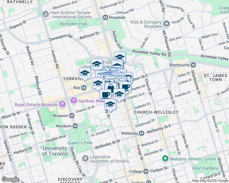 map of restaurants, bars, coffee shops, grocery stores, and more near 35 Balmuto Street in Toronto