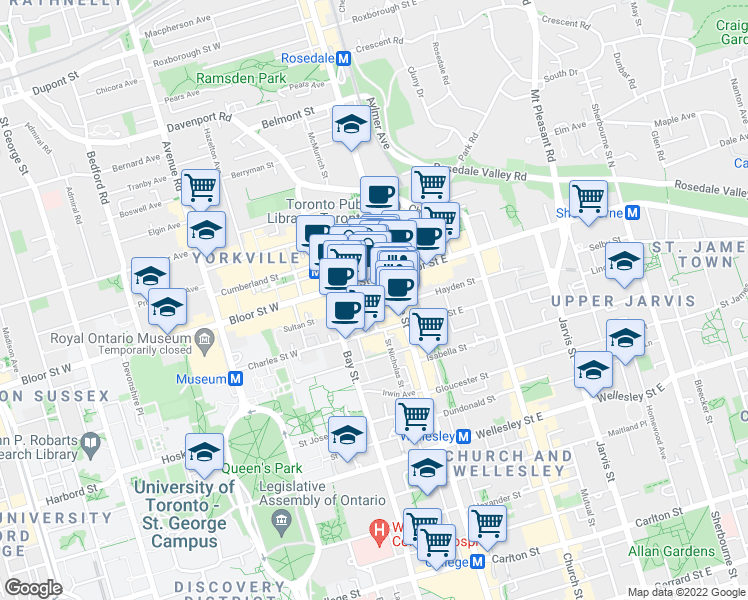 map of restaurants, bars, coffee shops, grocery stores, and more near in Toronto