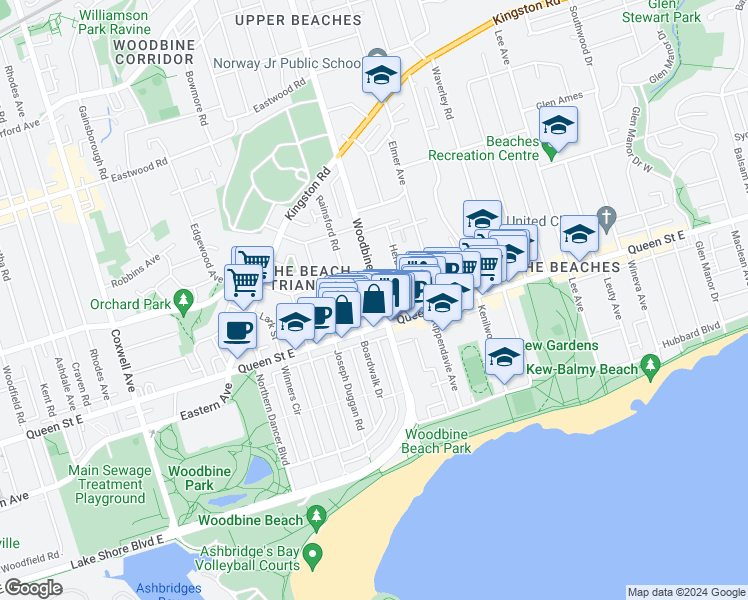 map of restaurants, bars, coffee shops, grocery stores, and more near 226 Woodbine Avenue in Toronto