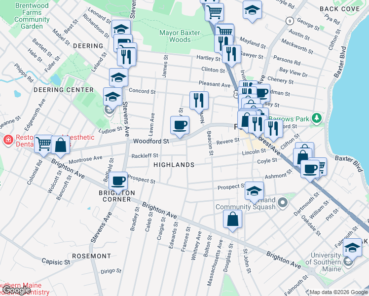 map of restaurants, bars, coffee shops, grocery stores, and more near 130 Highland Street in Portland