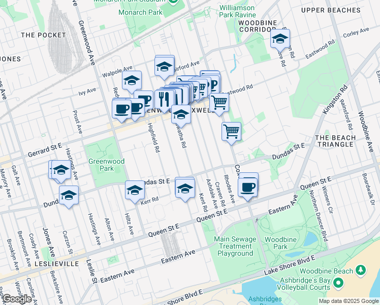 map of restaurants, bars, coffee shops, grocery stores, and more near 31 Hiawatha Road in Toronto