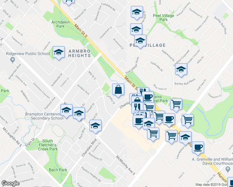 map of restaurants, bars, coffee shops, grocery stores, and more near 20 Westgate Walk in Brampton