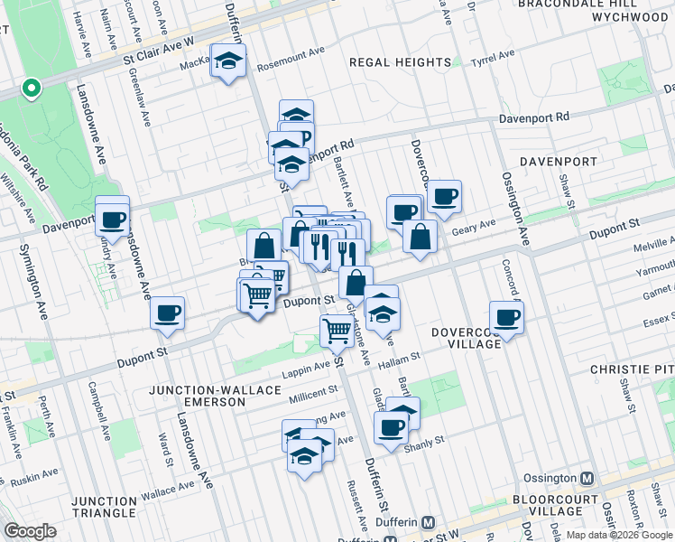 map of restaurants, bars, coffee shops, grocery stores, and more near 209 Geary Avenue in Toronto