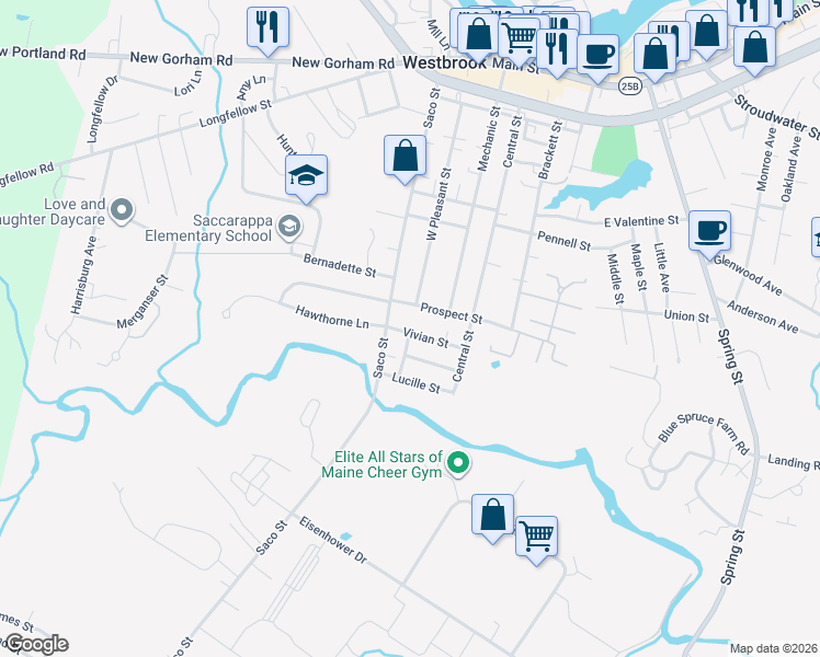 map of restaurants, bars, coffee shops, grocery stores, and more near 18 Vivian Street in Westbrook