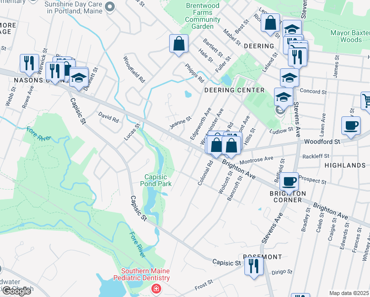 map of restaurants, bars, coffee shops, grocery stores, and more near 640 Brighton Avenue in Portland