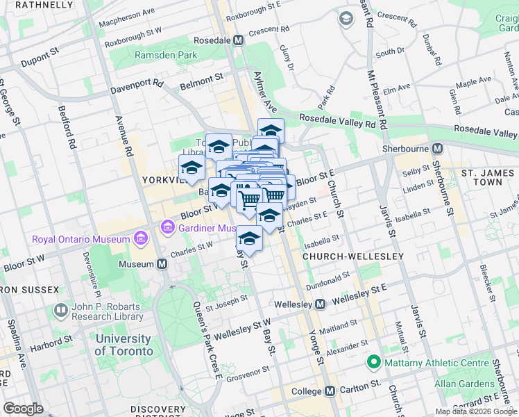 map of restaurants, bars, coffee shops, grocery stores, and more near 35 Balmuto Street in Toronto